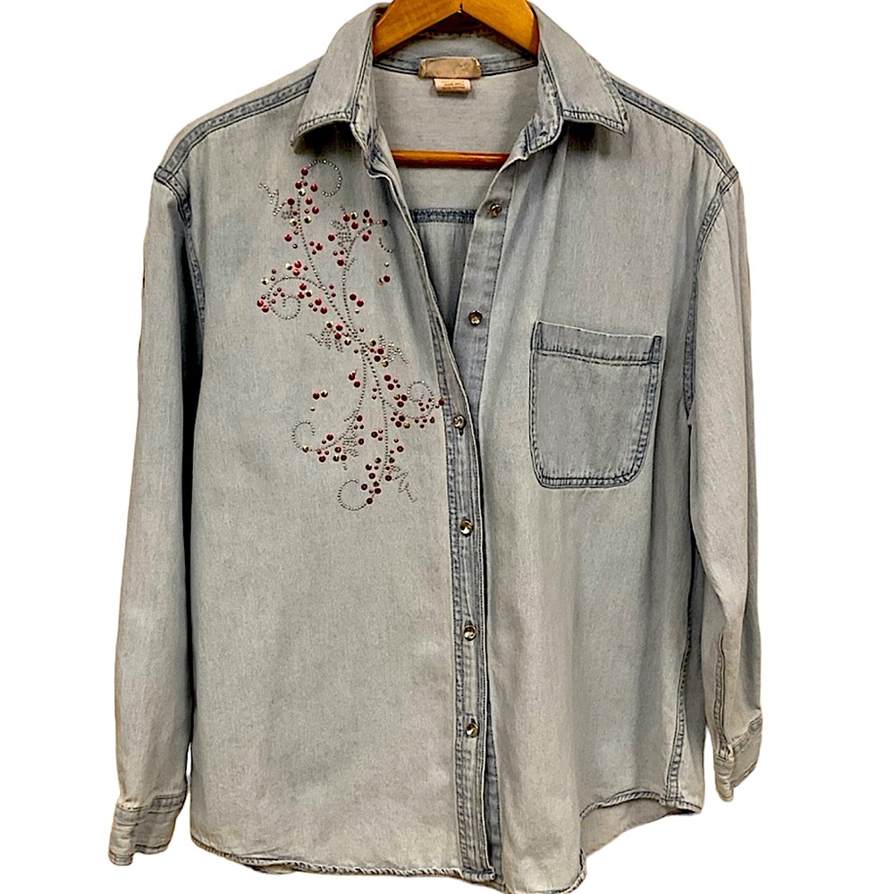 VINTAGE sz Large Blouse Chambray Holiday Embellished Long Sleeve Chest Pocket